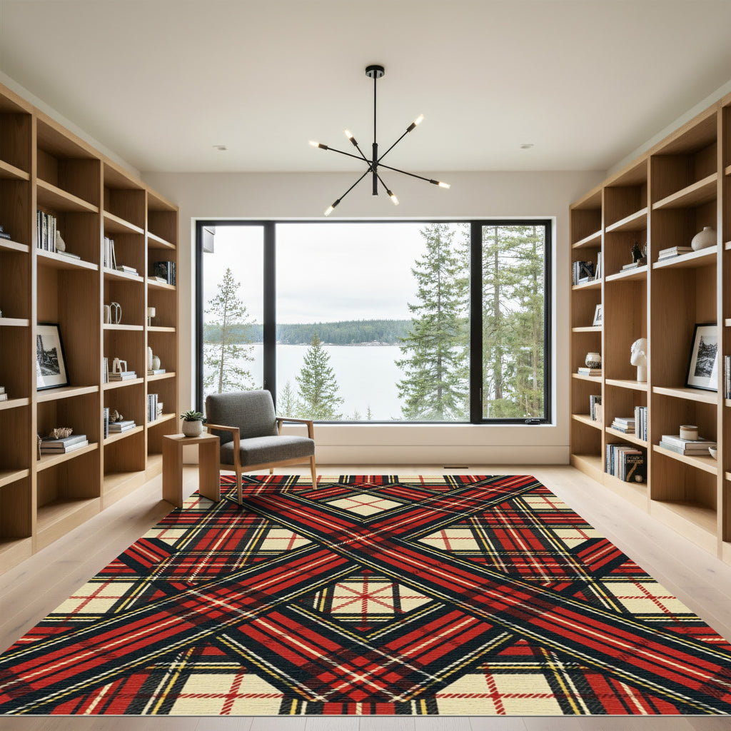 Red Tan Black Plaid Interwoven Lines Rug