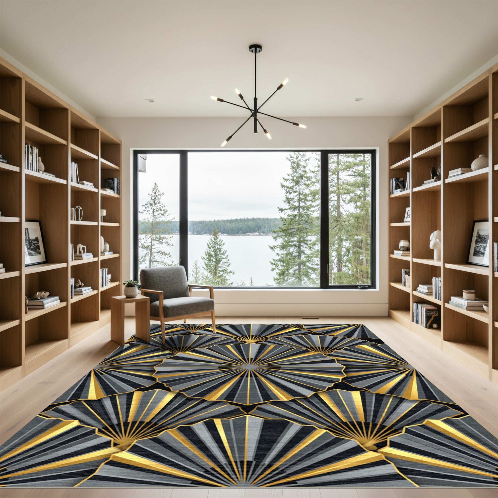 Art Deco Metallic Gold Fan Overlap Rug