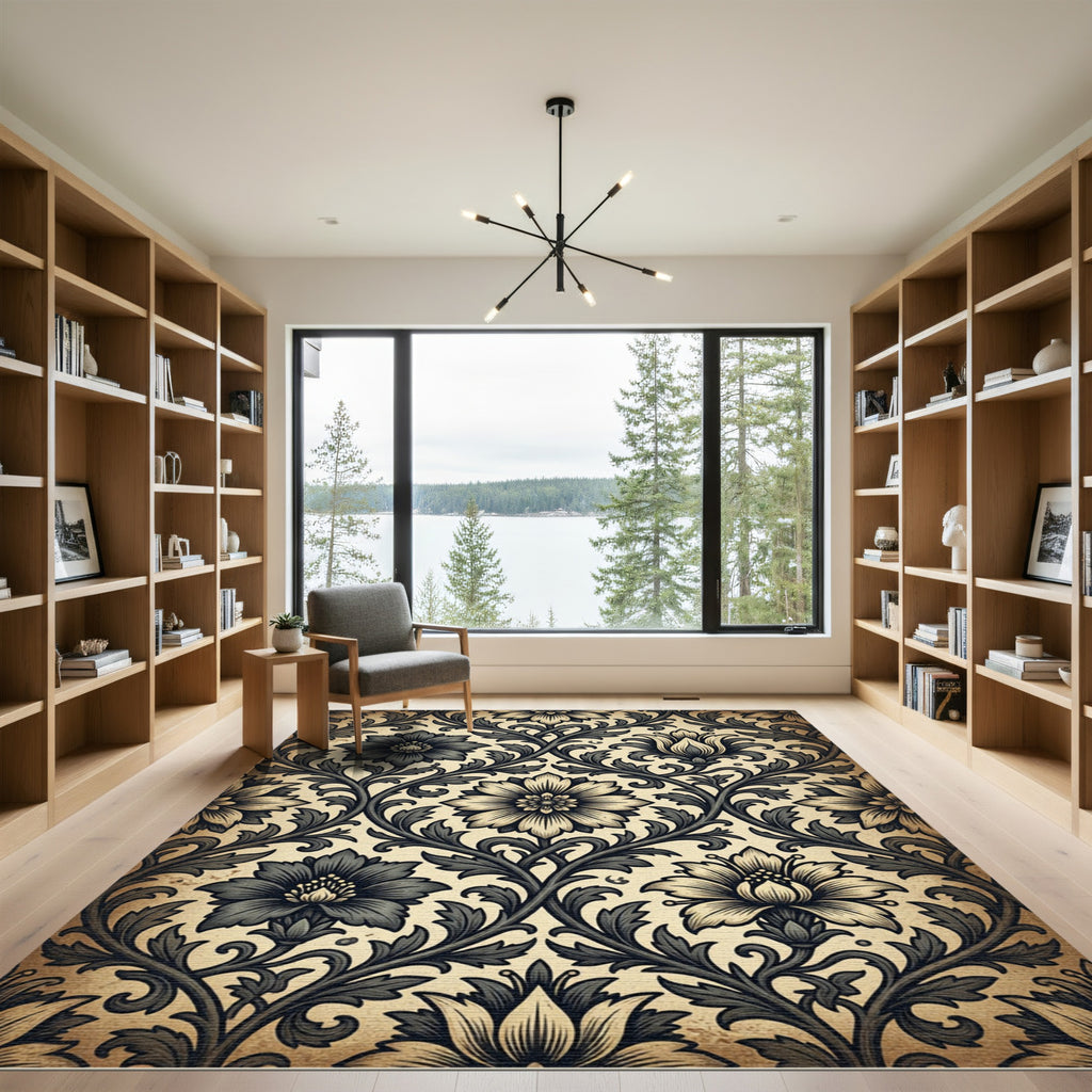 Vintage Charcoal Floral Botanical Vines Rug