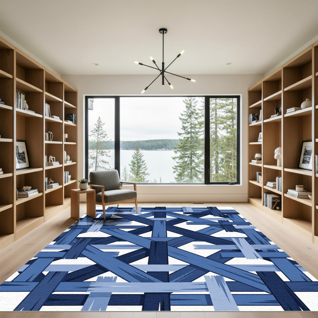 Blue Interwoven Geometric Lattice Rug