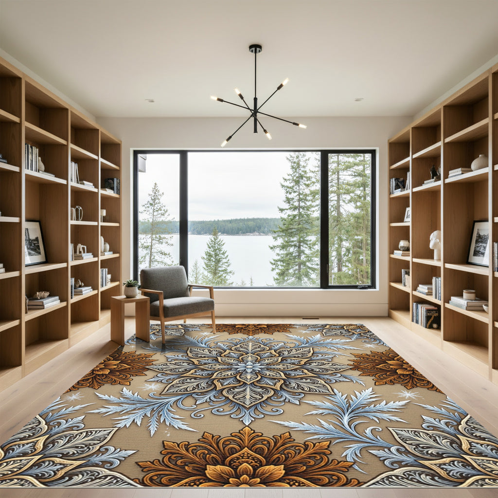 Golden Floral Medallion with Frosty Botanical Accents Rug