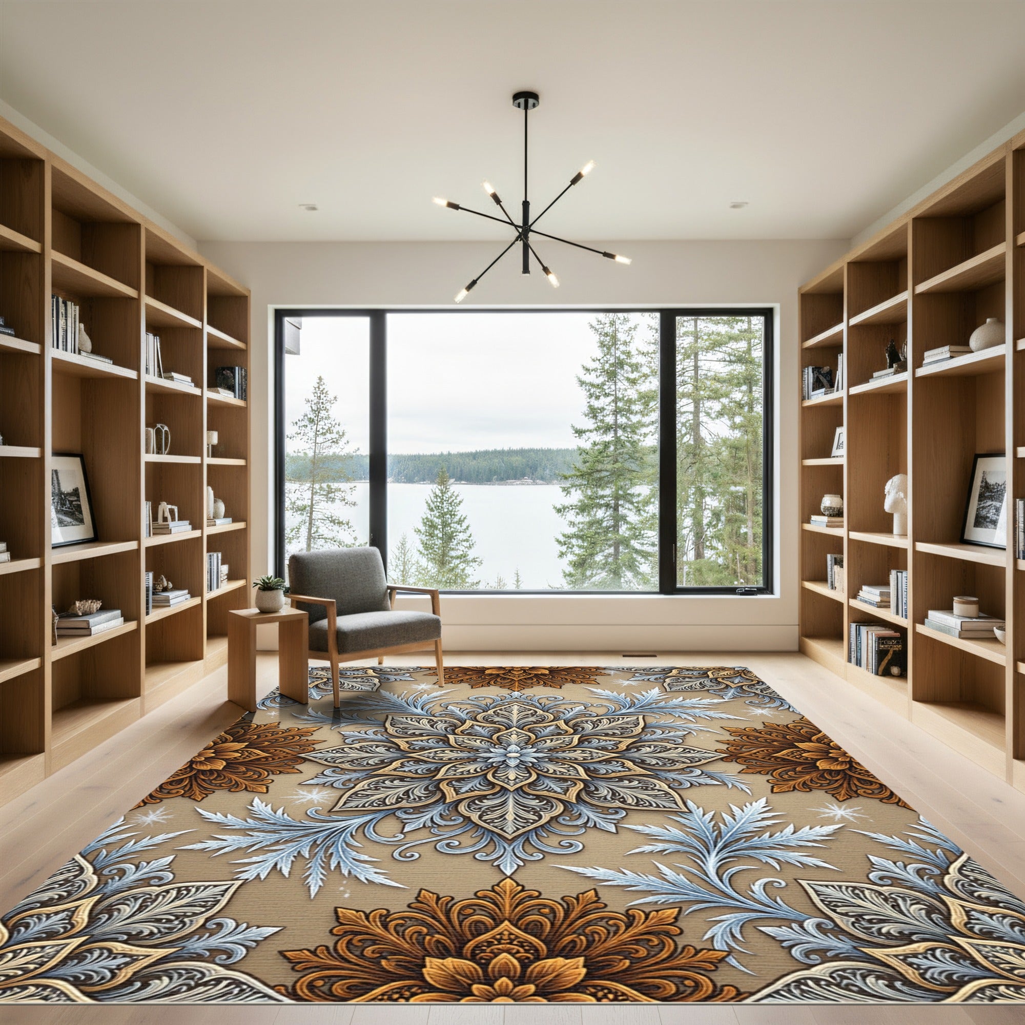 Golden Floral Medallion with Frosty Botanical Accents Rug