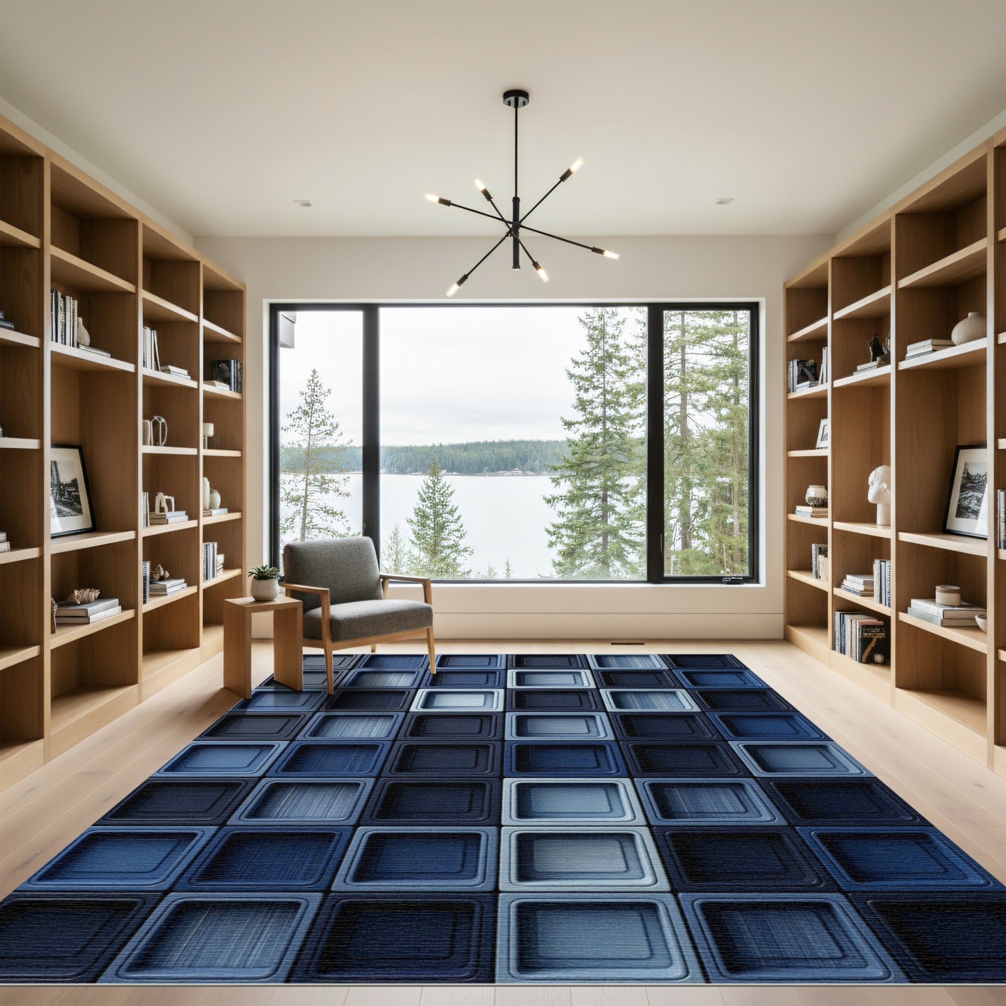 Modern Navy Blue Grid Monochromatic Tile Rug