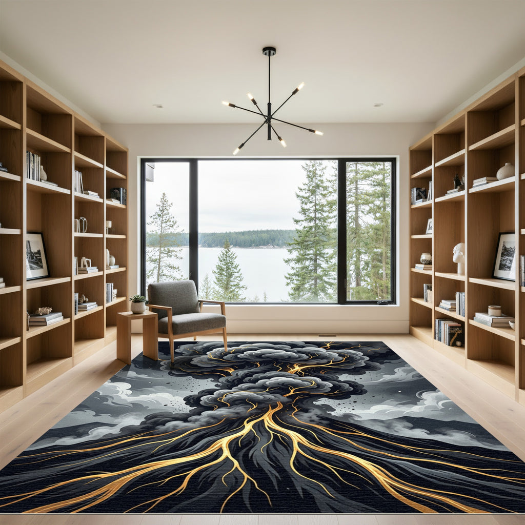 Golden Lava Eruption Dark Ash Cloud Rug