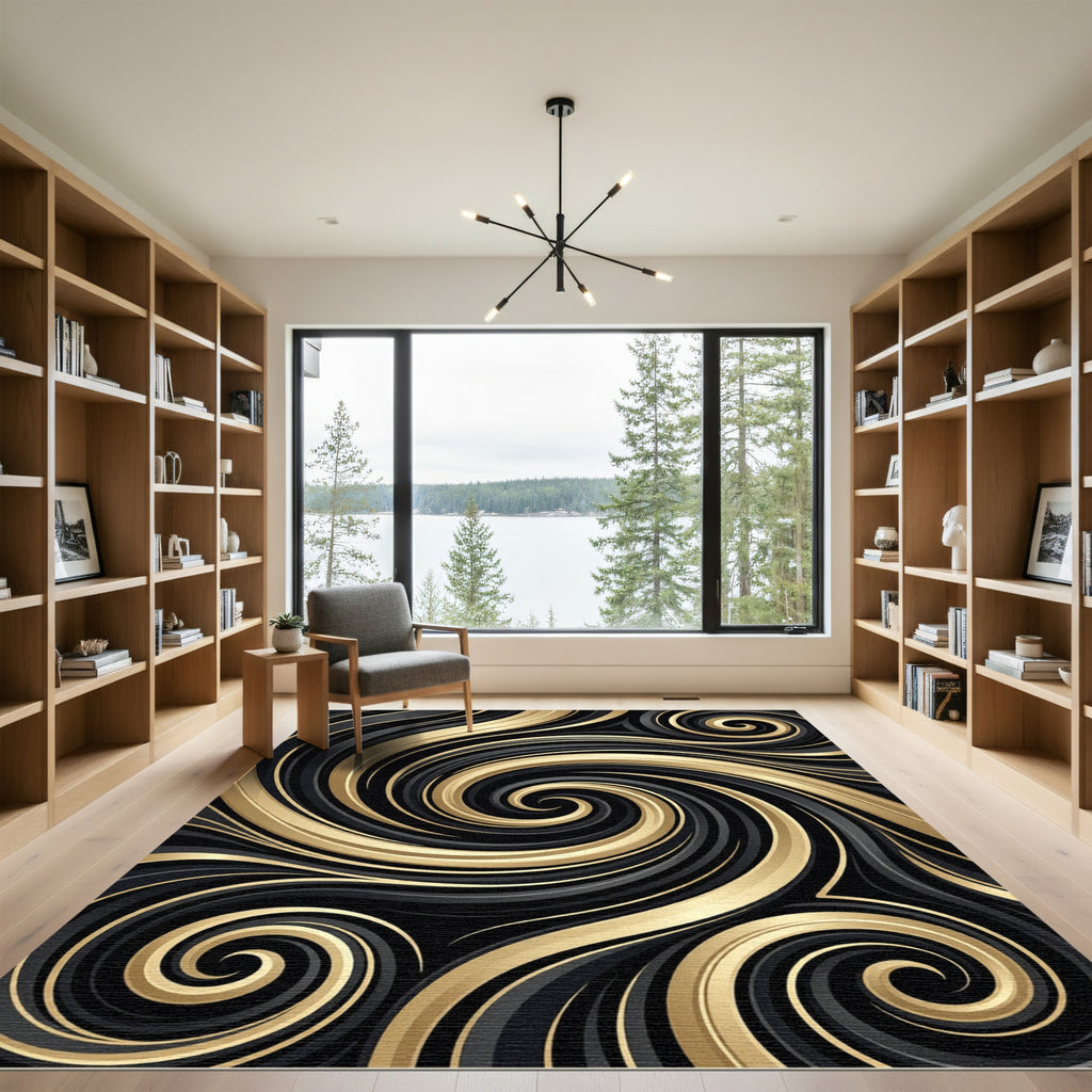 Elegant Black and Gold Swirling Abstract Rug