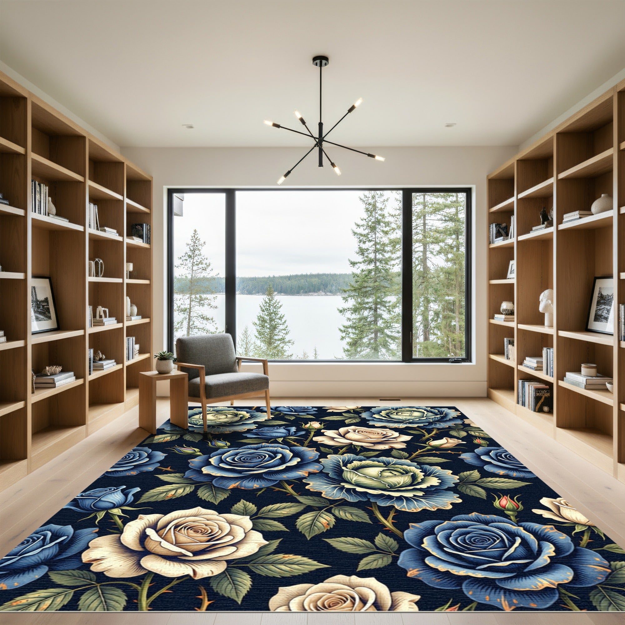 Elegant Navy and Cream Rose Garden Rug