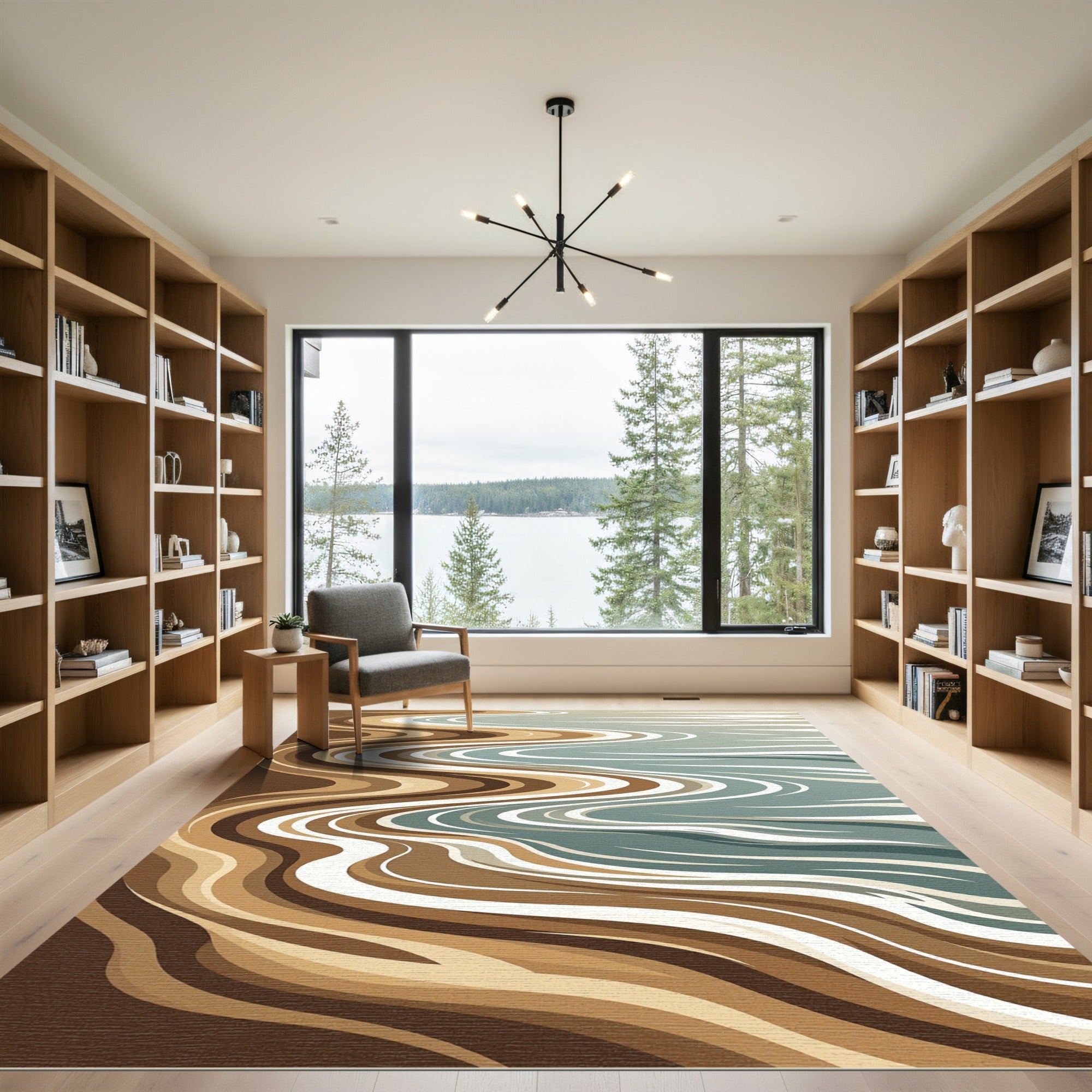 Brown Blue Abstract River Waves Rug