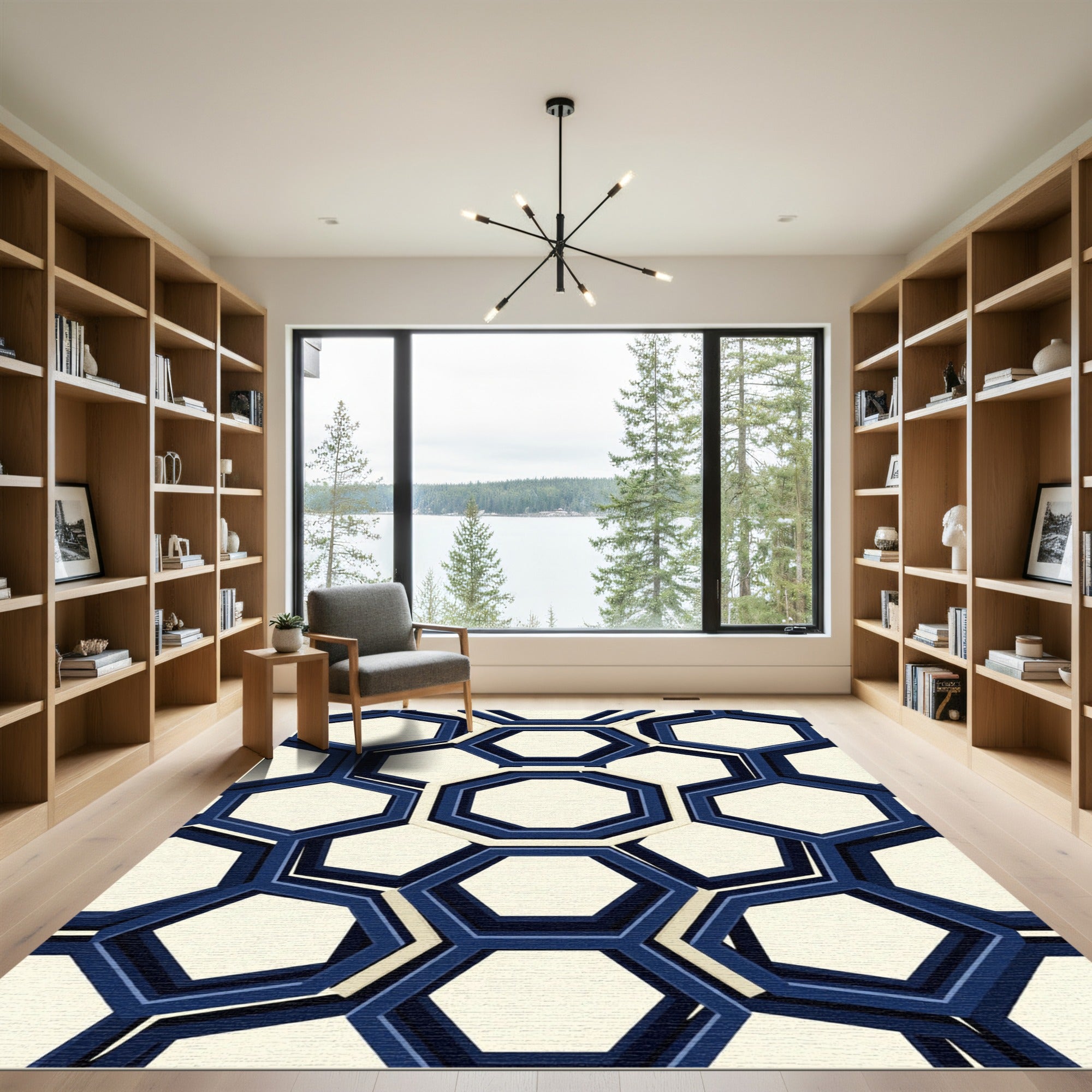 Modern Navy Blue Geometric Honeycomb Rug