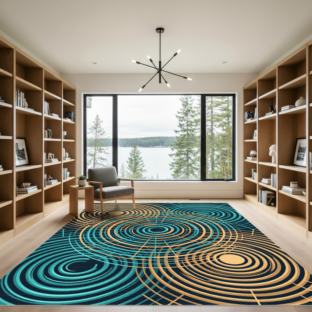 Modern Teal and Gold Concentric Circles Rug
