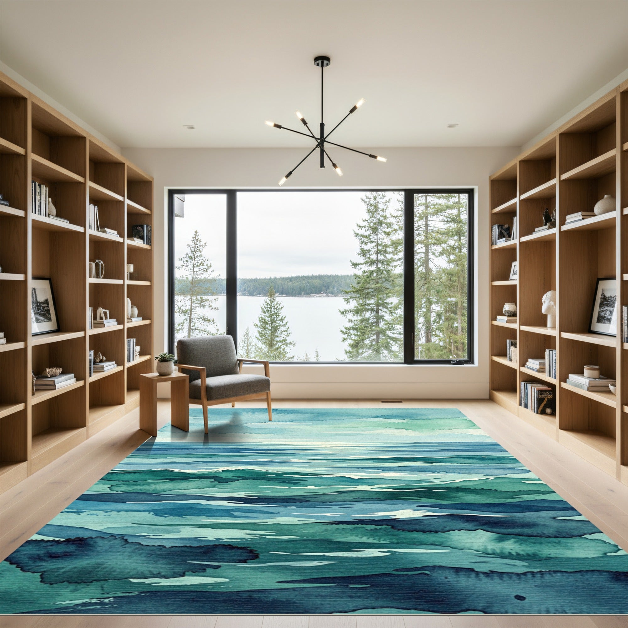 Abstract Teal Ocean Wave Landscape Rug