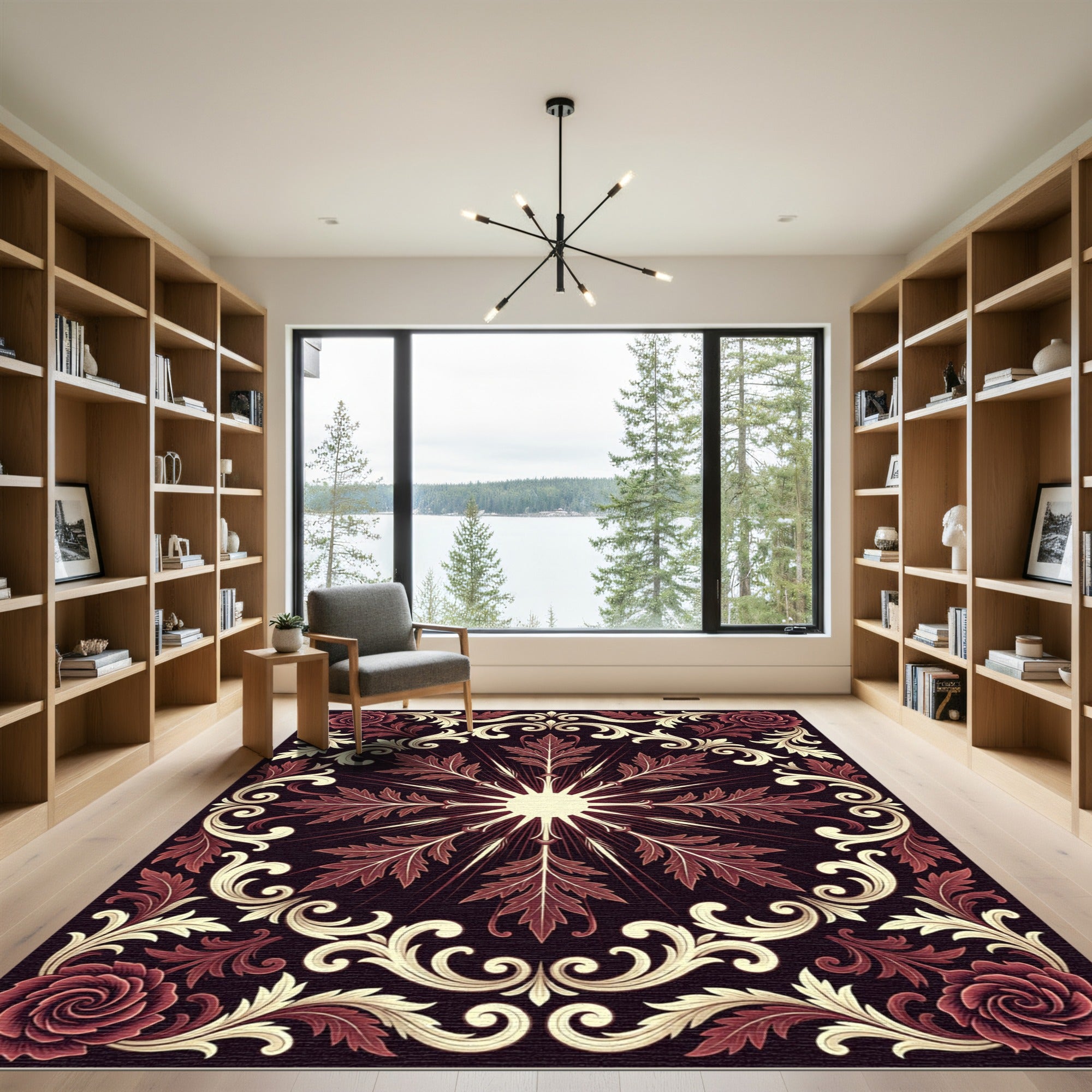 Dark Crimson Floral Baroque Medallion Rug
