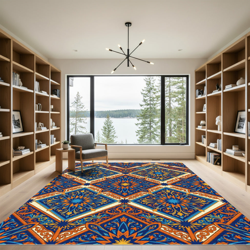 Vibrant Blue Orange Geometric Floral Medallion Rug