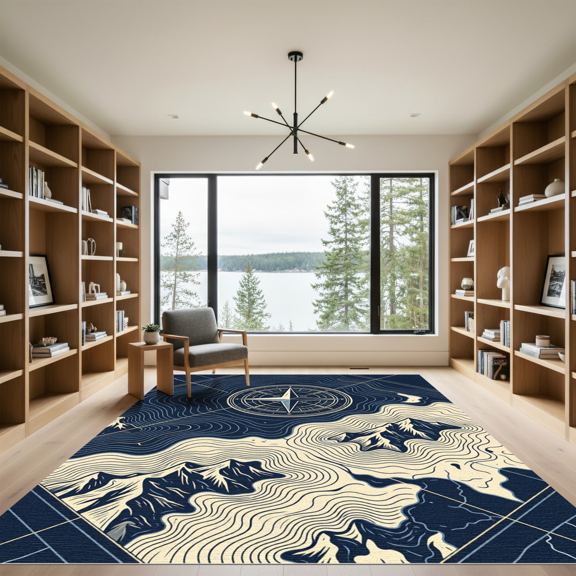 Navy Topographic Mountain Compass Art Rug