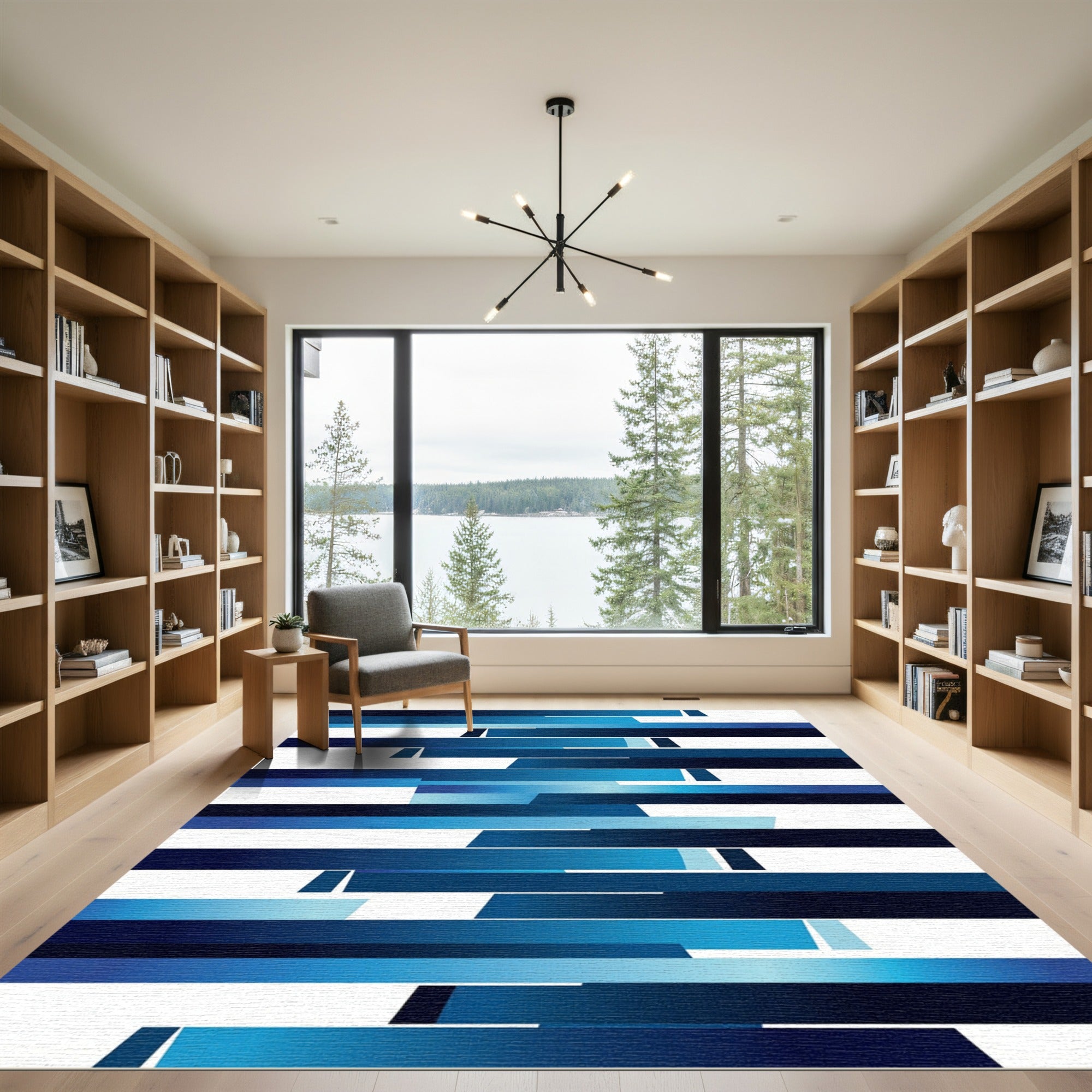 Deep Blue Geometric Stripe Overlay Rug
