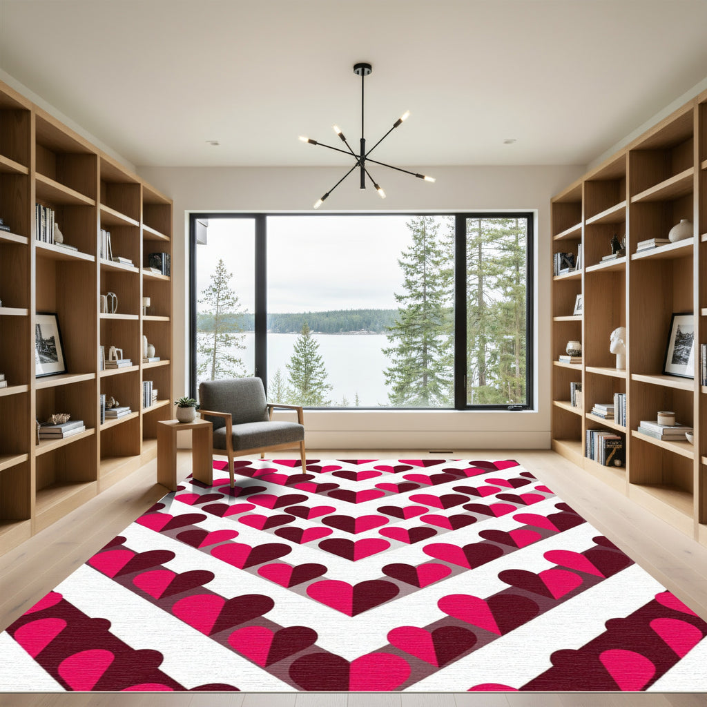Pink And Burgundy Hearts Chevron Rug
