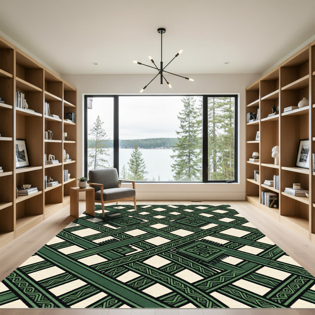 Geometric Emerald Interlocking Lattice Weave Rug