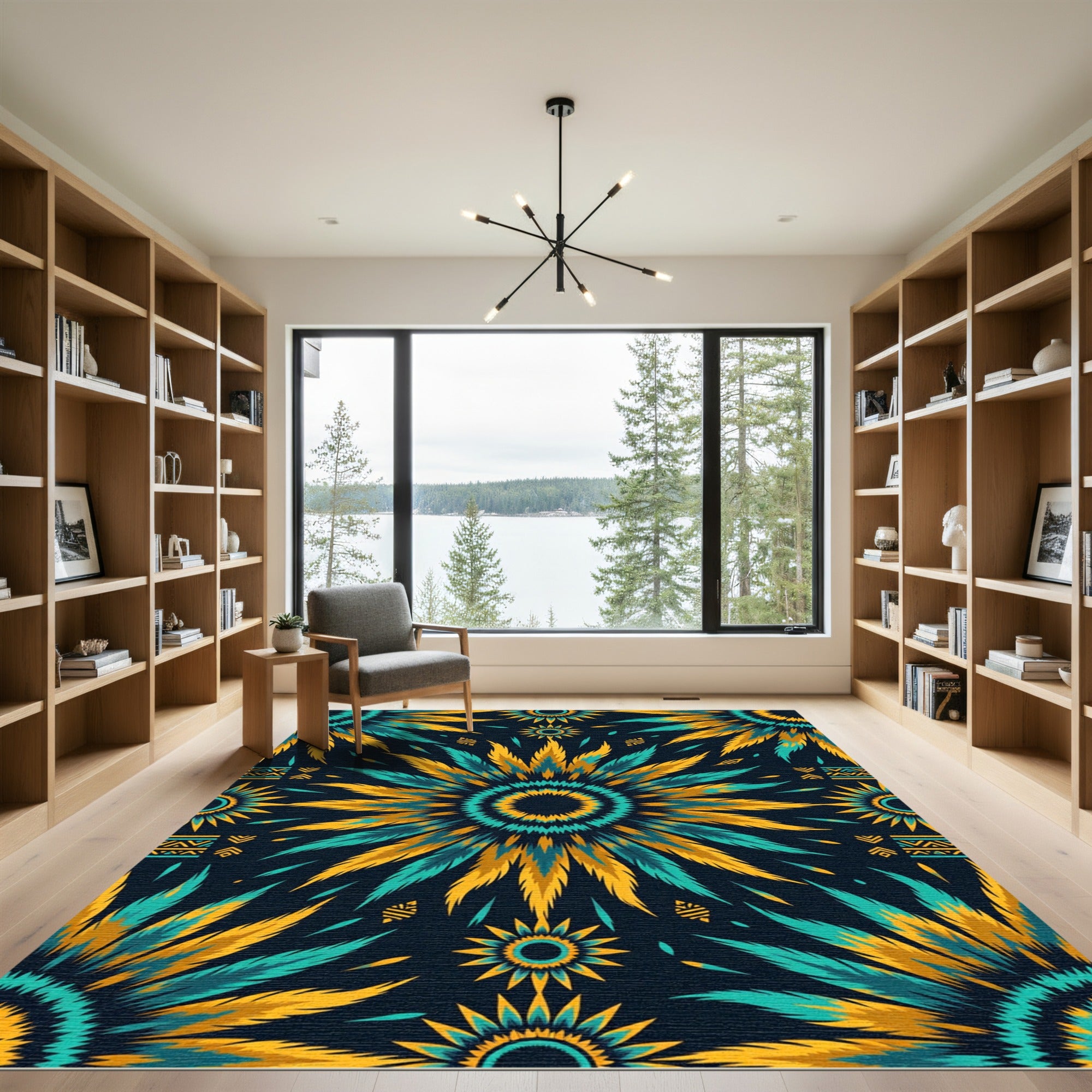 Turquoise Yellow Tribal Sunburst Rug