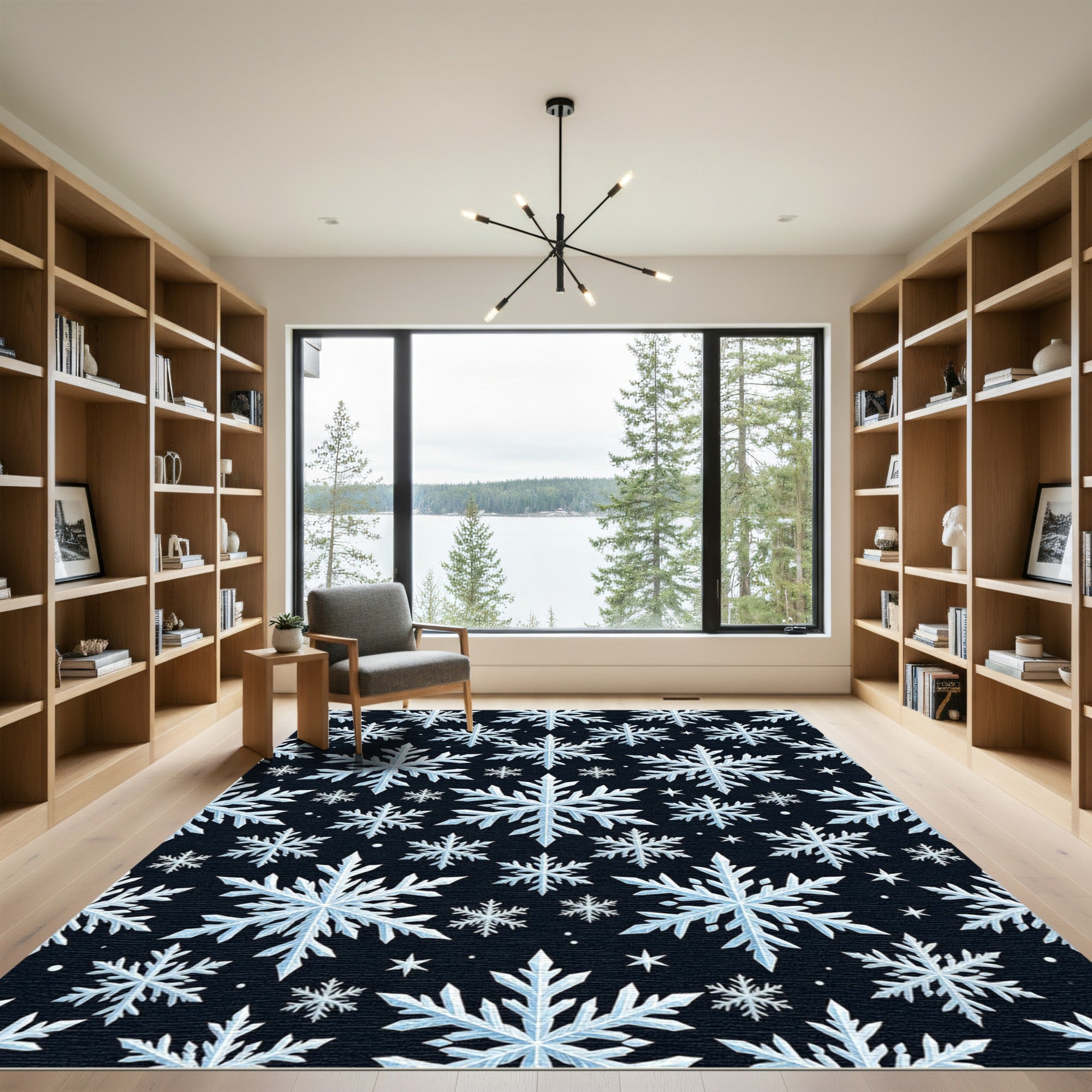 Winter Snowflake Scatter Dark Background Rug