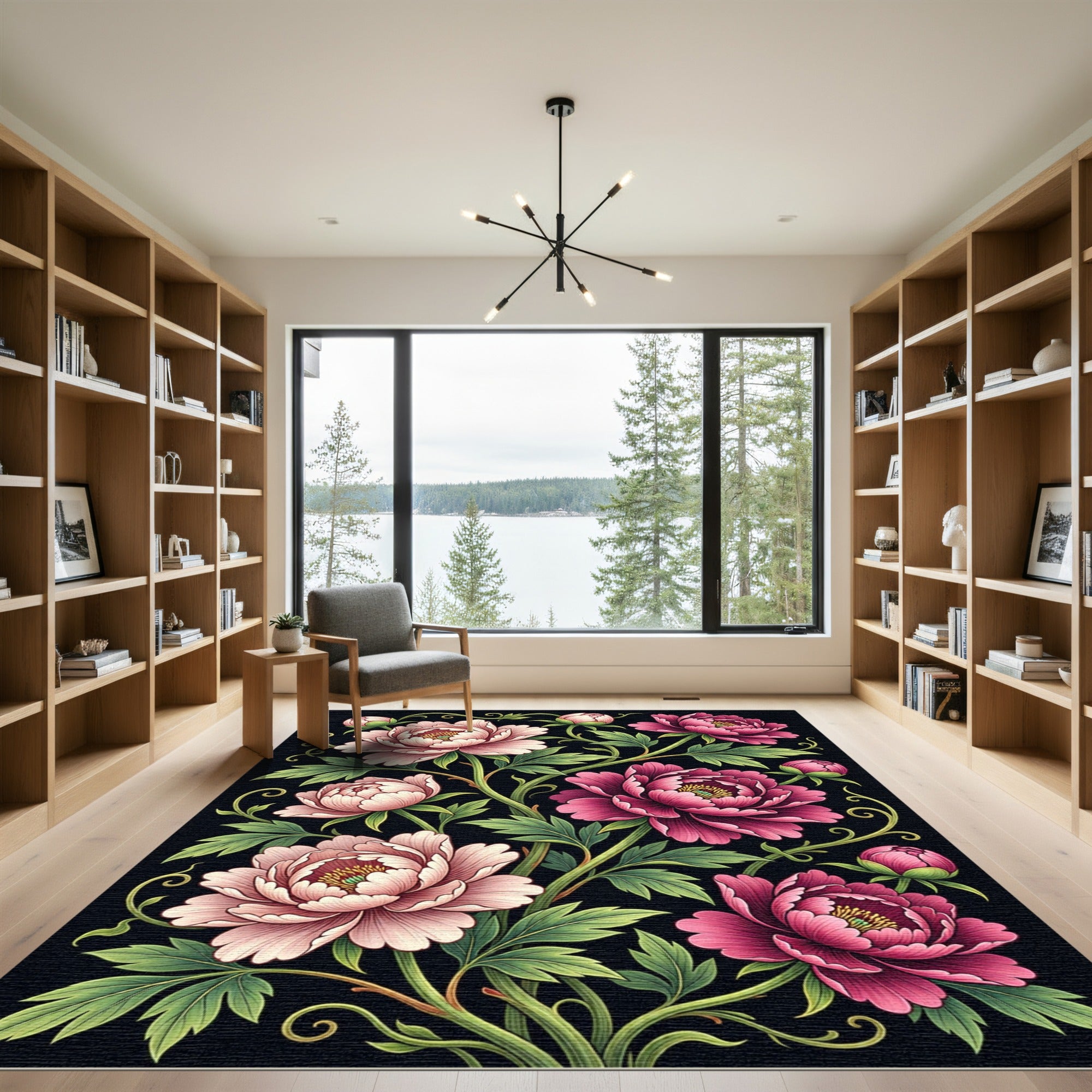 Elegant Pink Peony Floral Vine Rug