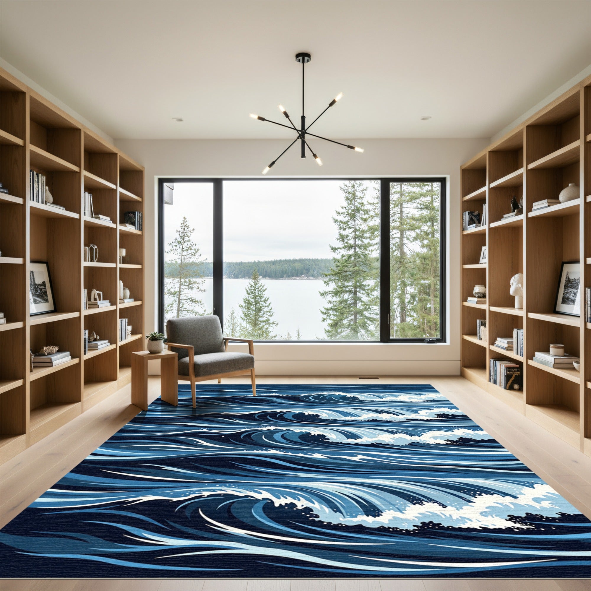 Deep Navy Minimalist Artistic Ocean Waves Rug