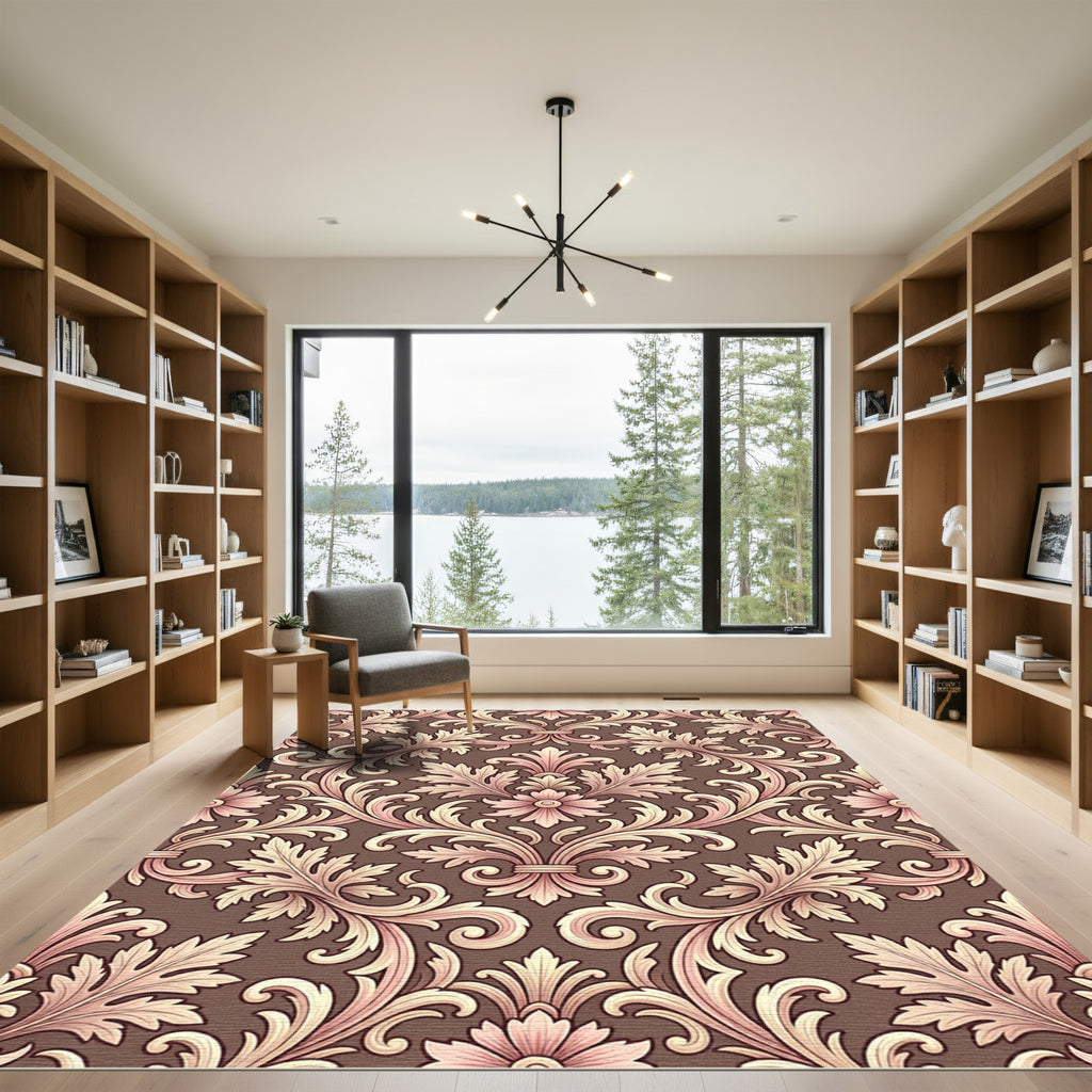 Ornate Brown Pink Acanthus Scroll Rug