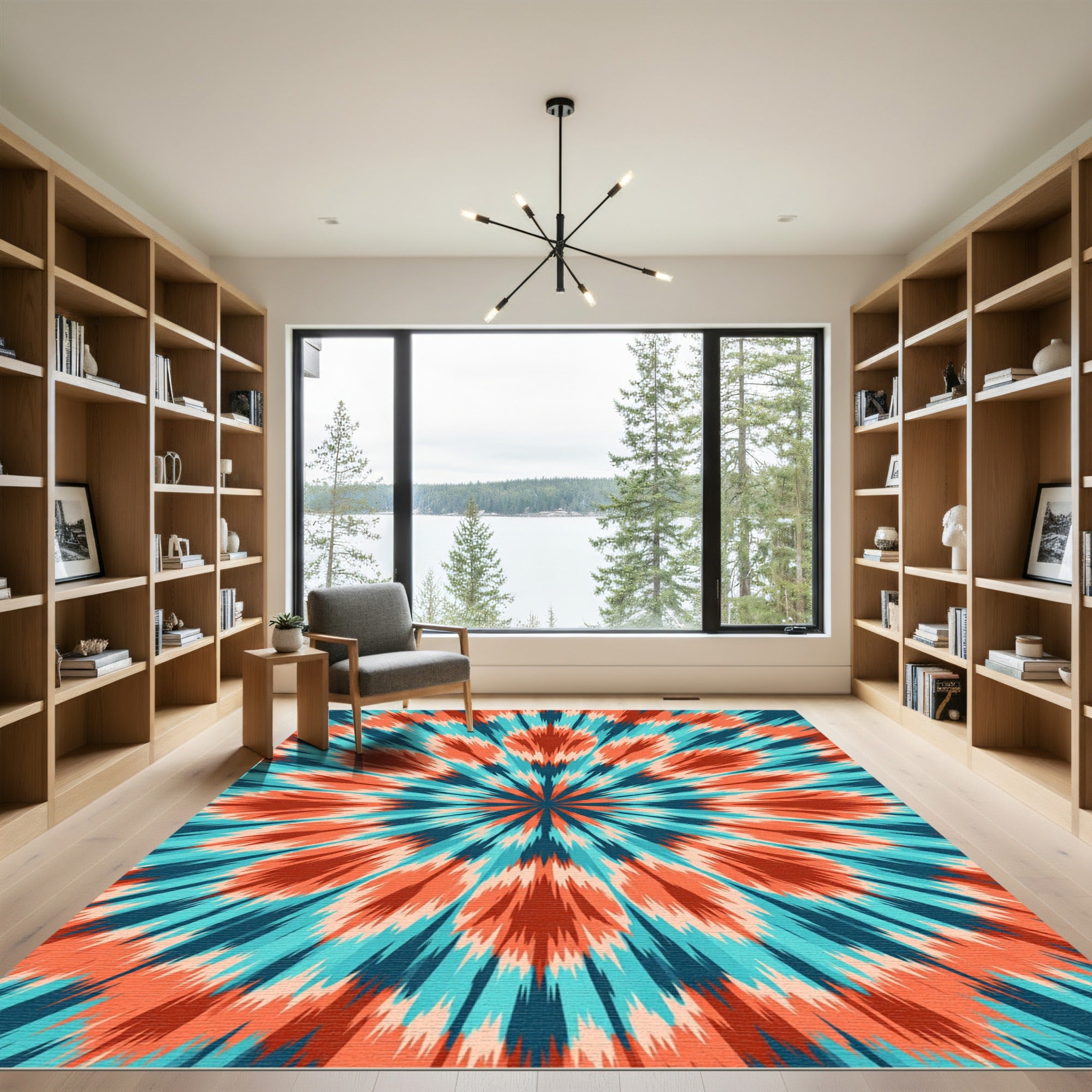 Vibrant Teal Coral Burst Sunburst Rug