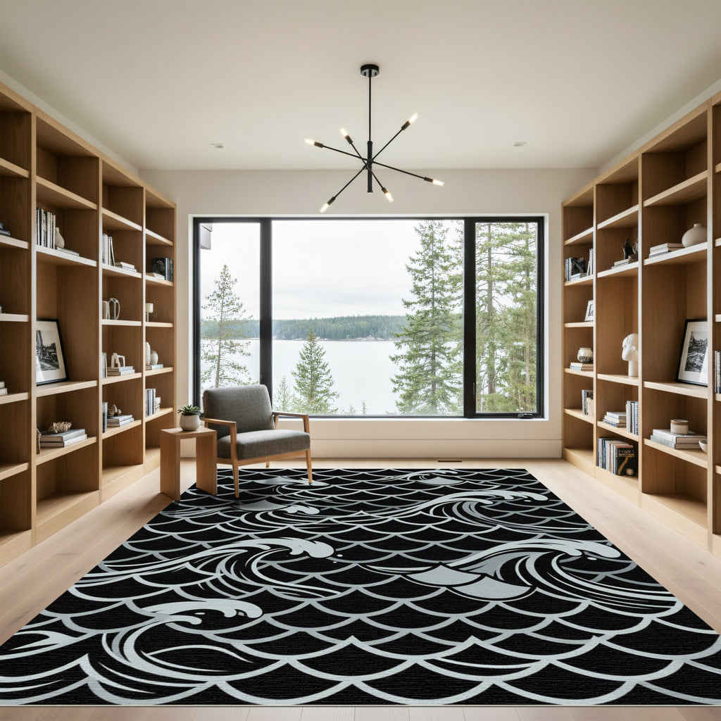 Silver Fish Waves on Black Background Rug