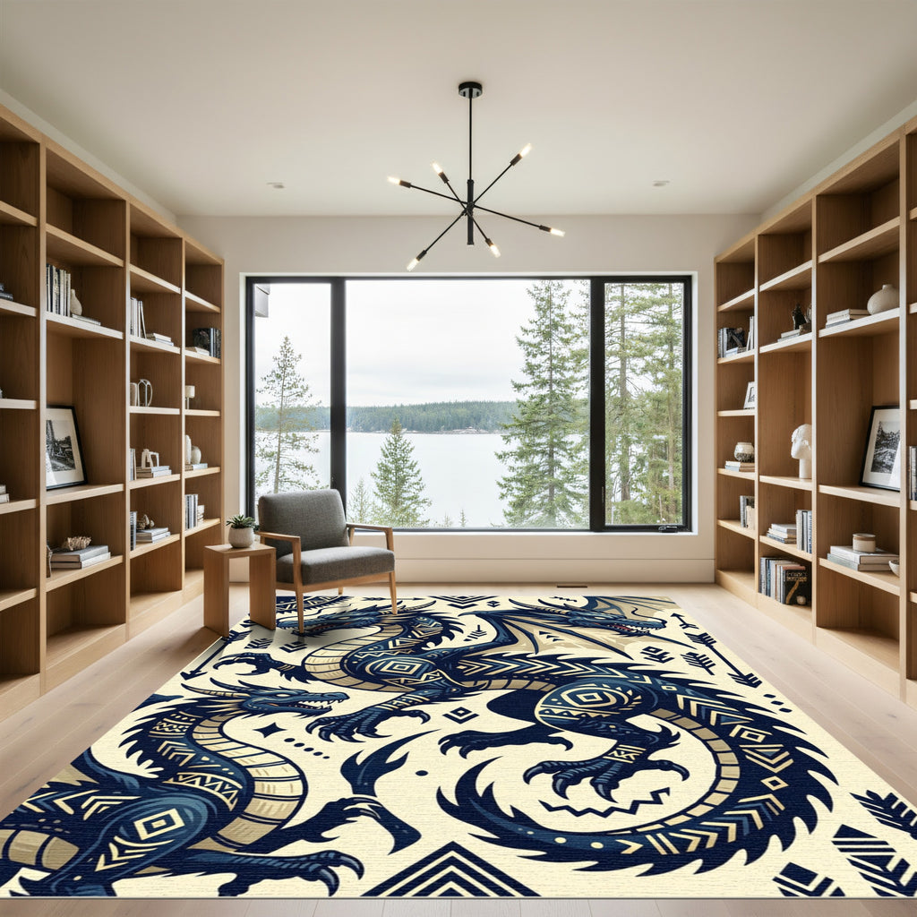 Dual Navy Dragon Folk Art Emblem Rug