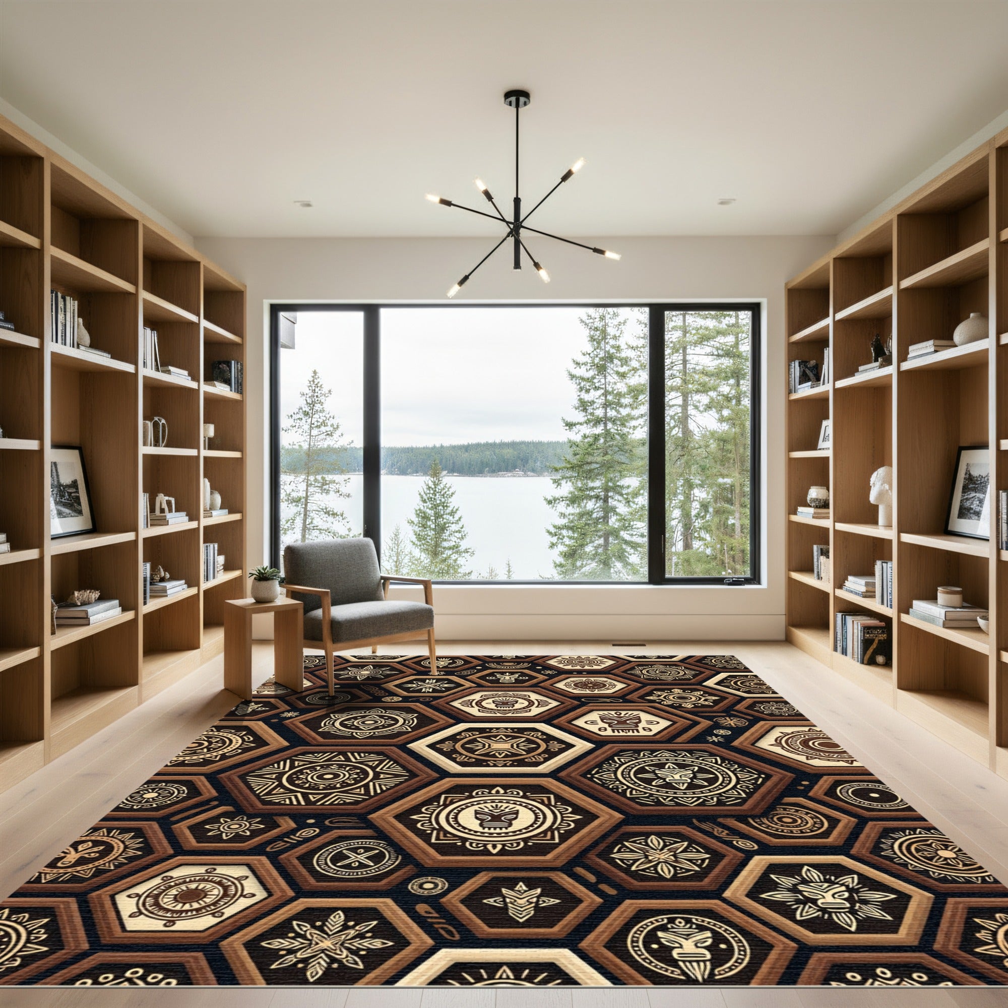 Beige Brown Hexagonal Tribal Totem Rug