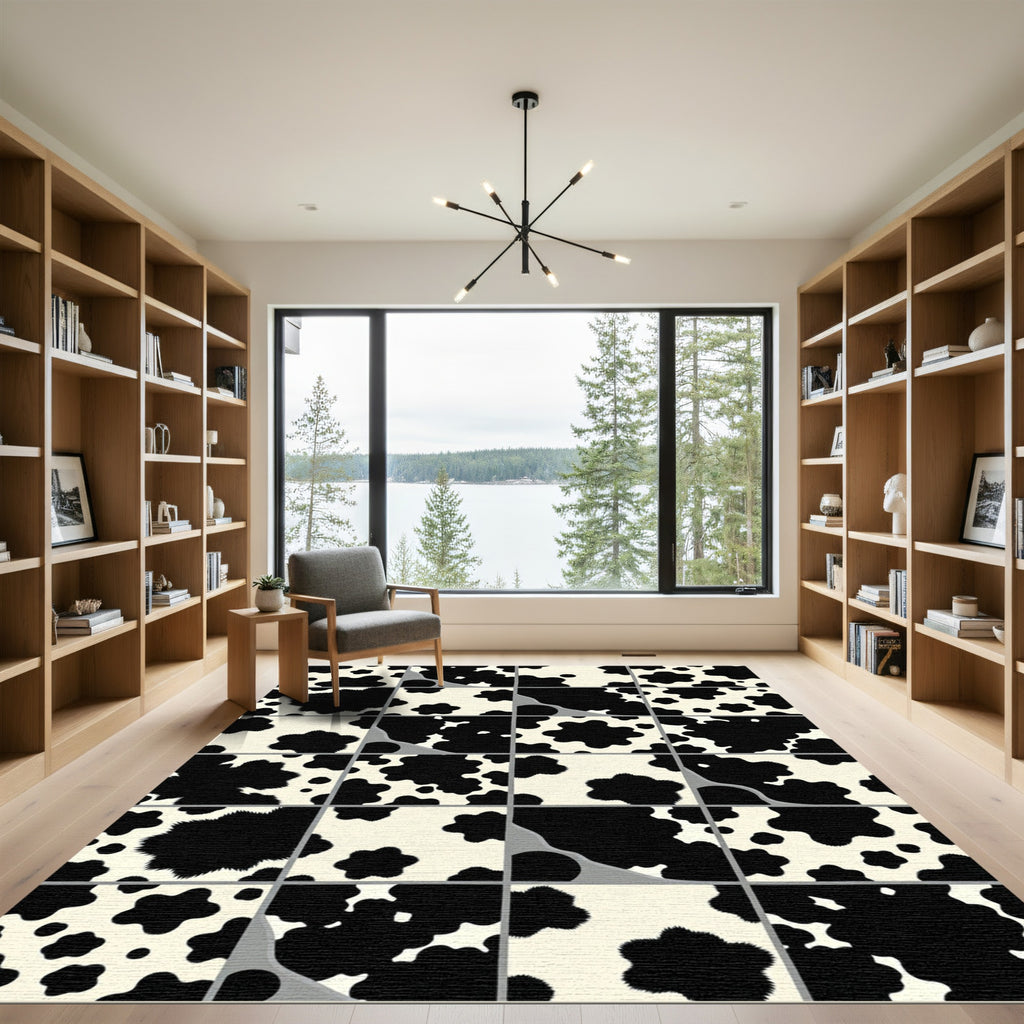 Monochrome Abstract Cow Hide Grid Rug