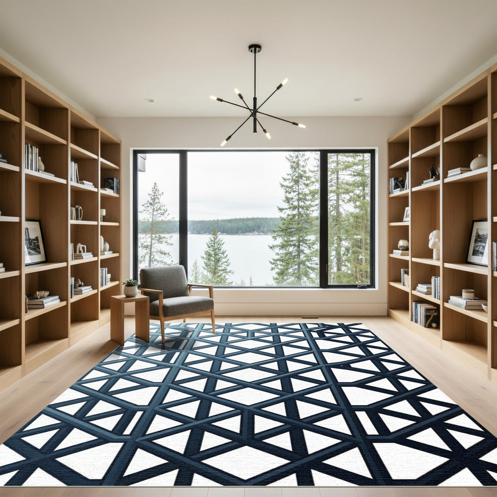 Modern Slate Blue Geometric Lattice Rug