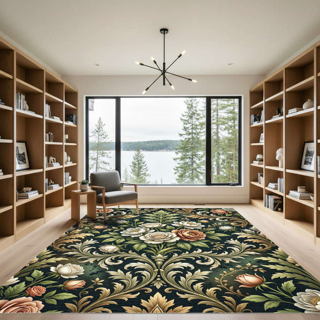 Victorian Rose Damask Floral Scroll Rug