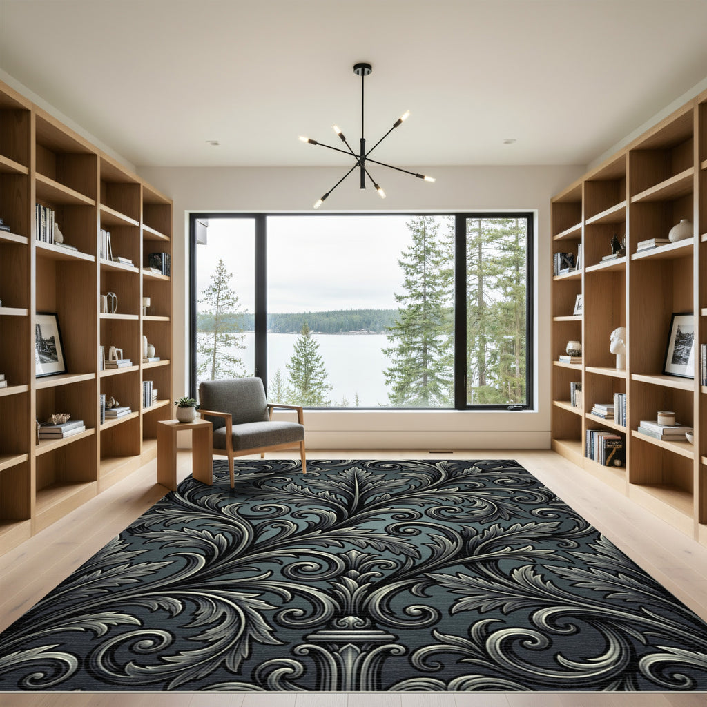 Ornate Dark Teal Acanthus Swirl Rug