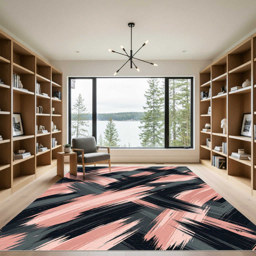 Blush Rose and Charcoal Abstract Strokes Rug
