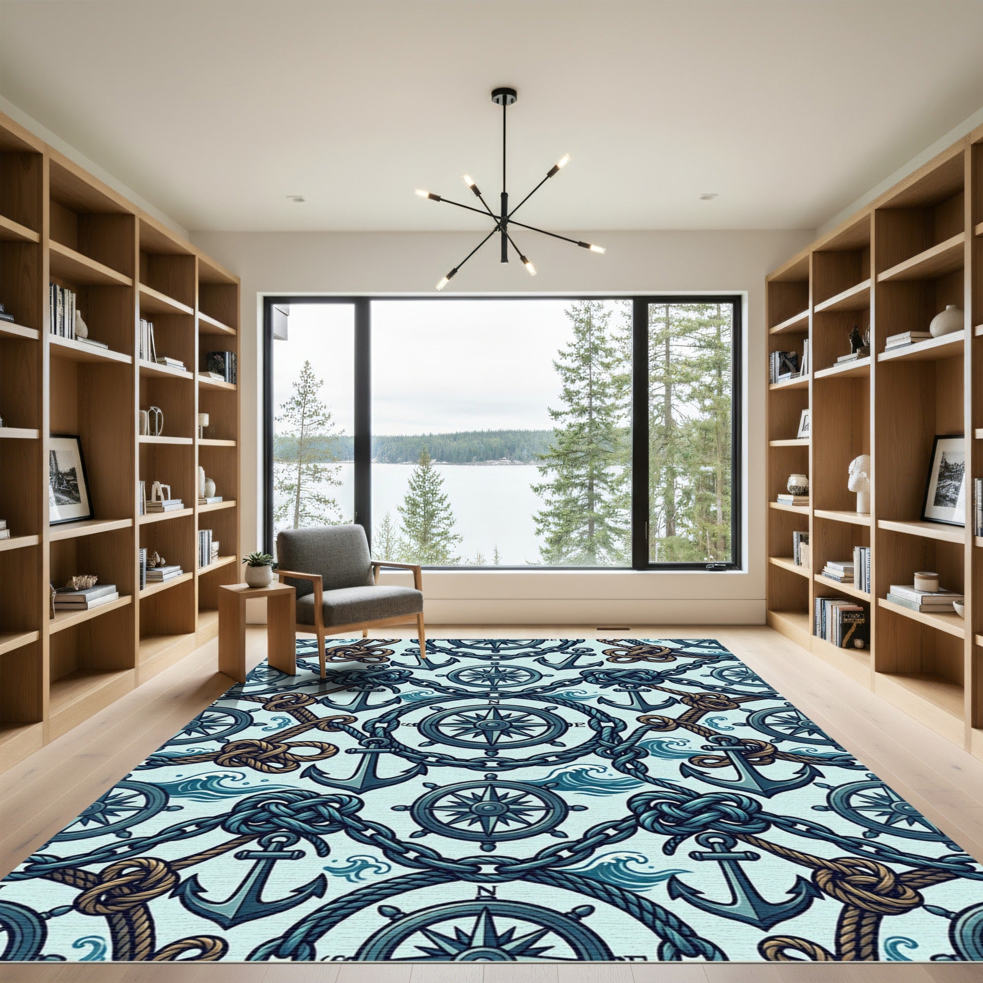 Nautical Compass and Anchor Blue Tile Rug
