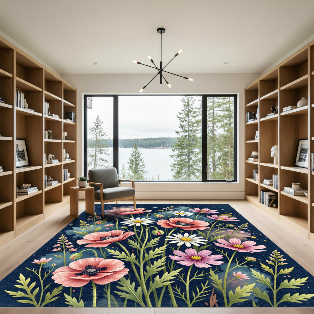 Midnight Watercolor Poppies and Daisies Meadow Rug