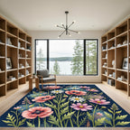 Midnight Watercolor Poppies and Daisies Meadow Rug