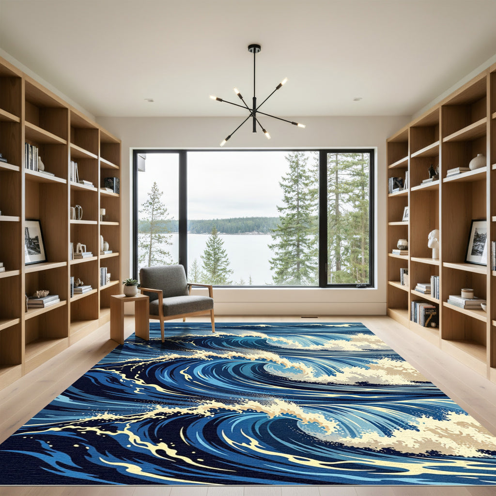 Dynamic Navy Blue Rolling Ocean Surge Rug