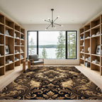 Ornate Brown Golden Damask Swirls Rug