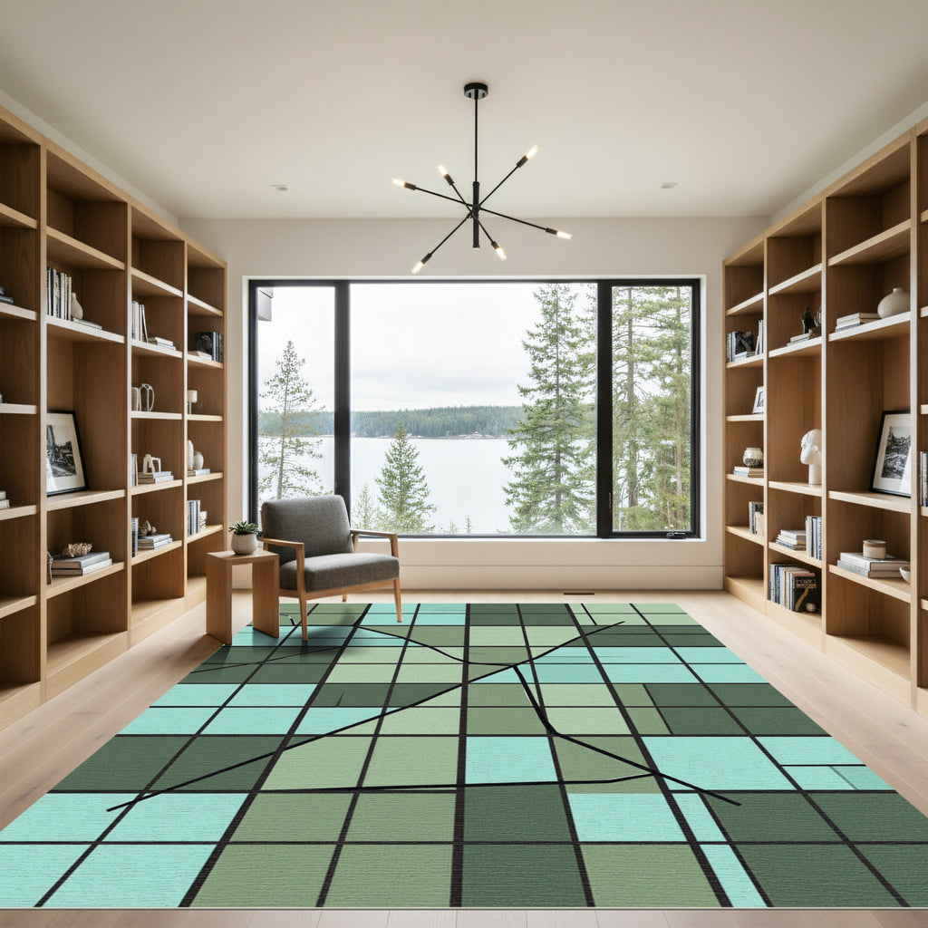 Geometric Teal Sea Lines Rug