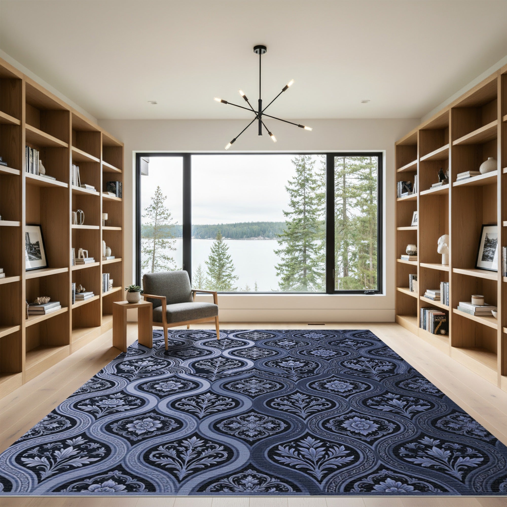Deep Blue Vintage Floral Damask Rug