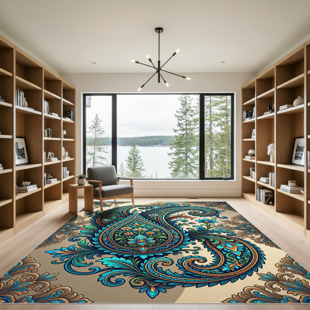Teal Gold Floral Paisley Swirl Rug