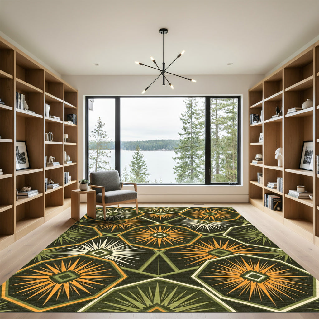 Geometric Sunburst Hexagonal Olive Rug