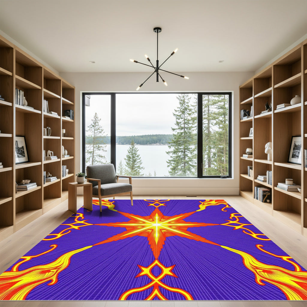 Vibrant Orange Starburst Yellow Flames Rug