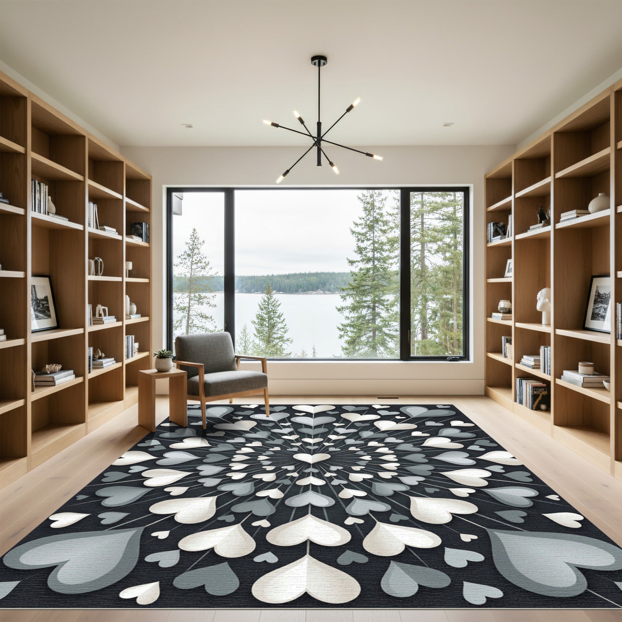 Monochrome Heart Medallion Radial Graphic Rug