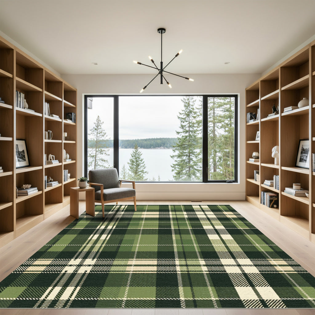 Classic Dark Forest Green Plaid Rug