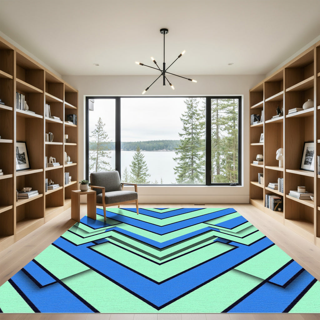 Geometric Mint and Azure Chevron Layered Rug