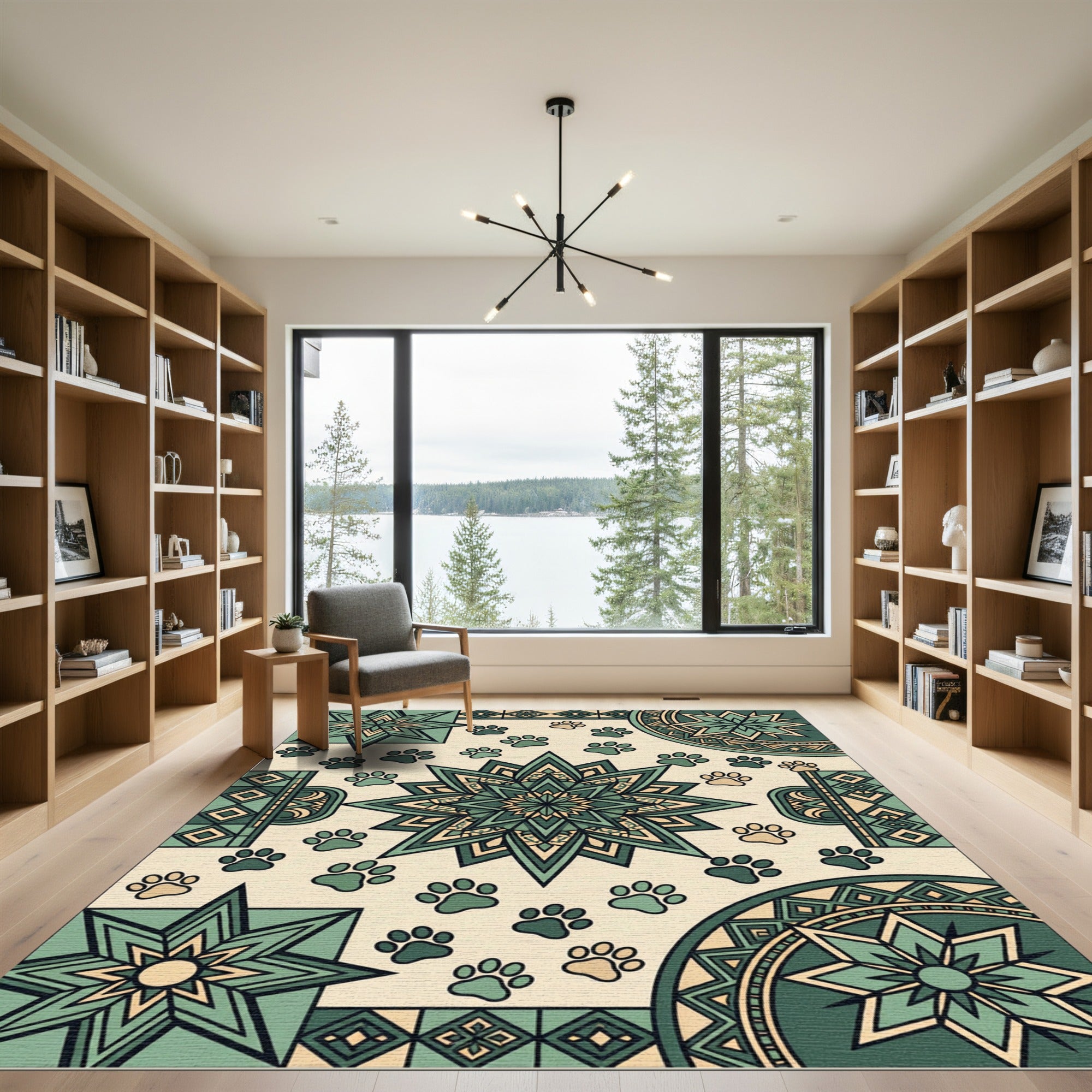 Sage Green Geometric Paw Star Floor Rug