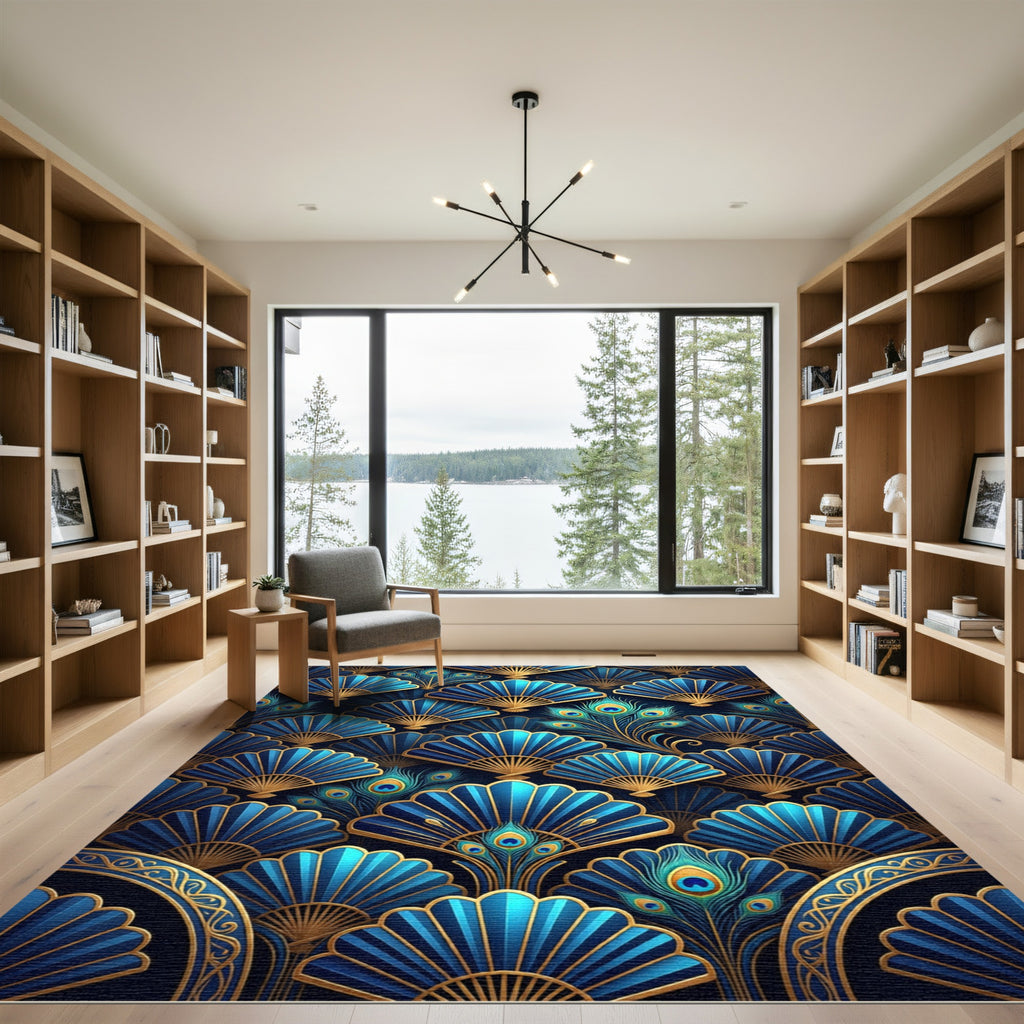 Blue Gold Peacock Feather Fan Rug
