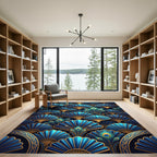 Blue Gold Peacock Feather Fan Rug